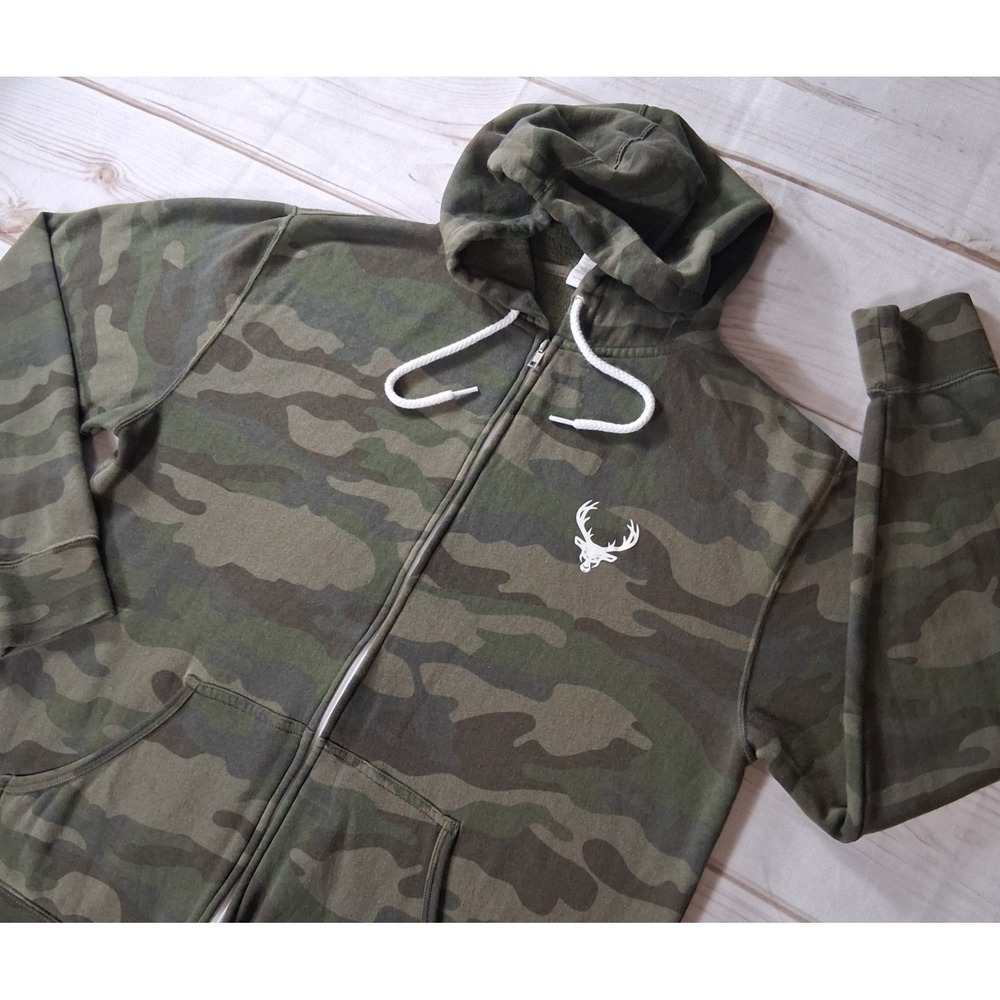 Independent Trading Co Mens Sz L Green Camo Full Zip Hoodie Sweatshirt Buck Stag